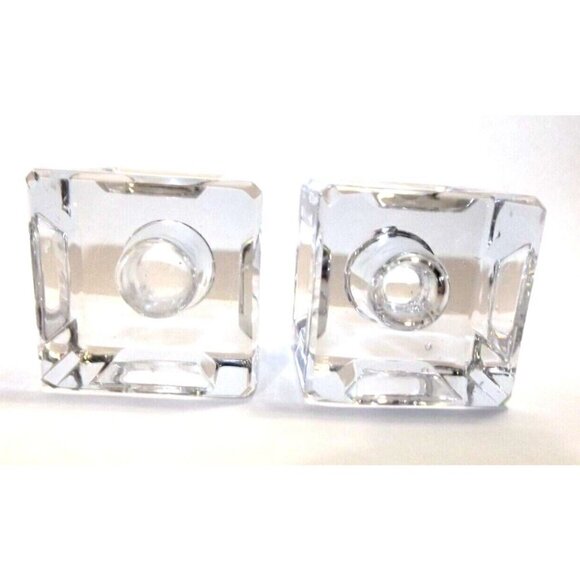 2 Vintage Clear Glass Solid Block Taper Candle Holders Indented Sides Unsigned - Picture 5 of 6